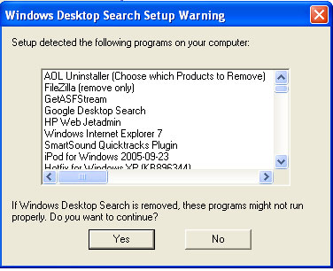 Windows Desktop Search uninstall